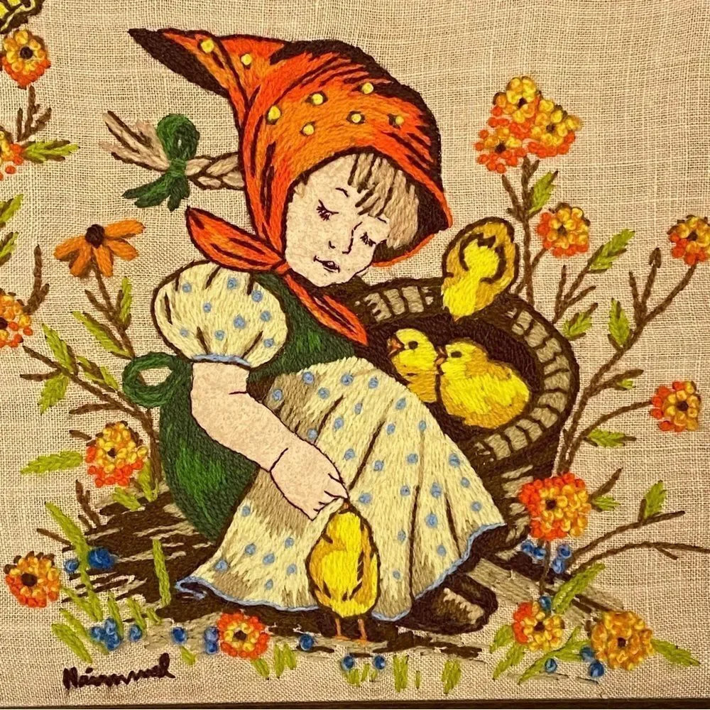 Crewel Embroidery Folk Needlepoint Wall Art Cottage Fairytale Handmade 1975 - Picture 2 of 10